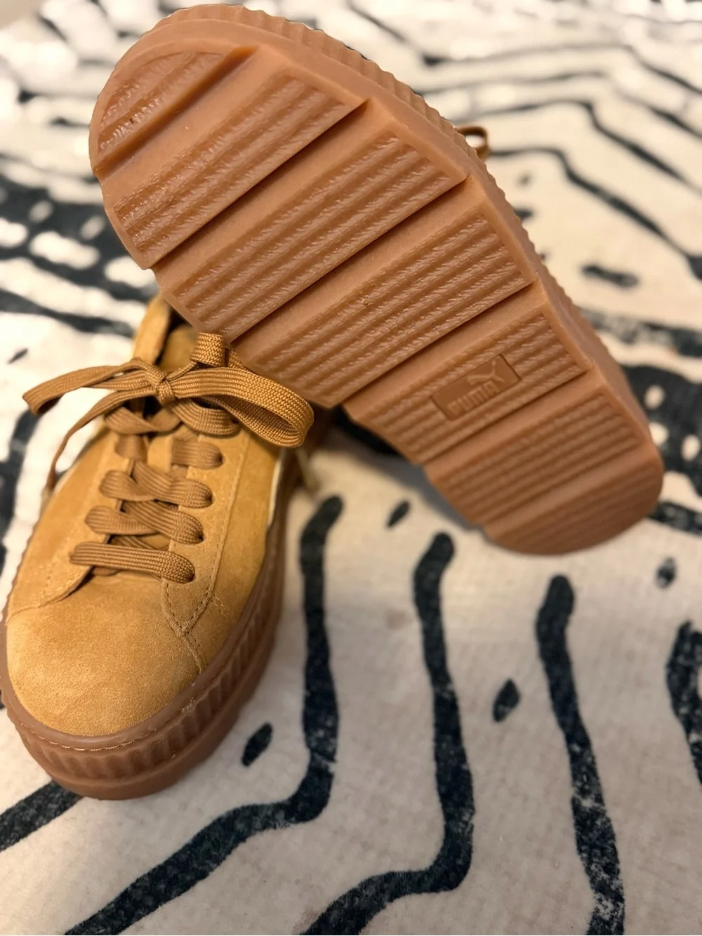 Rihanna Fenty Puma Suede Low-Top Sneakers in Tan and Cream